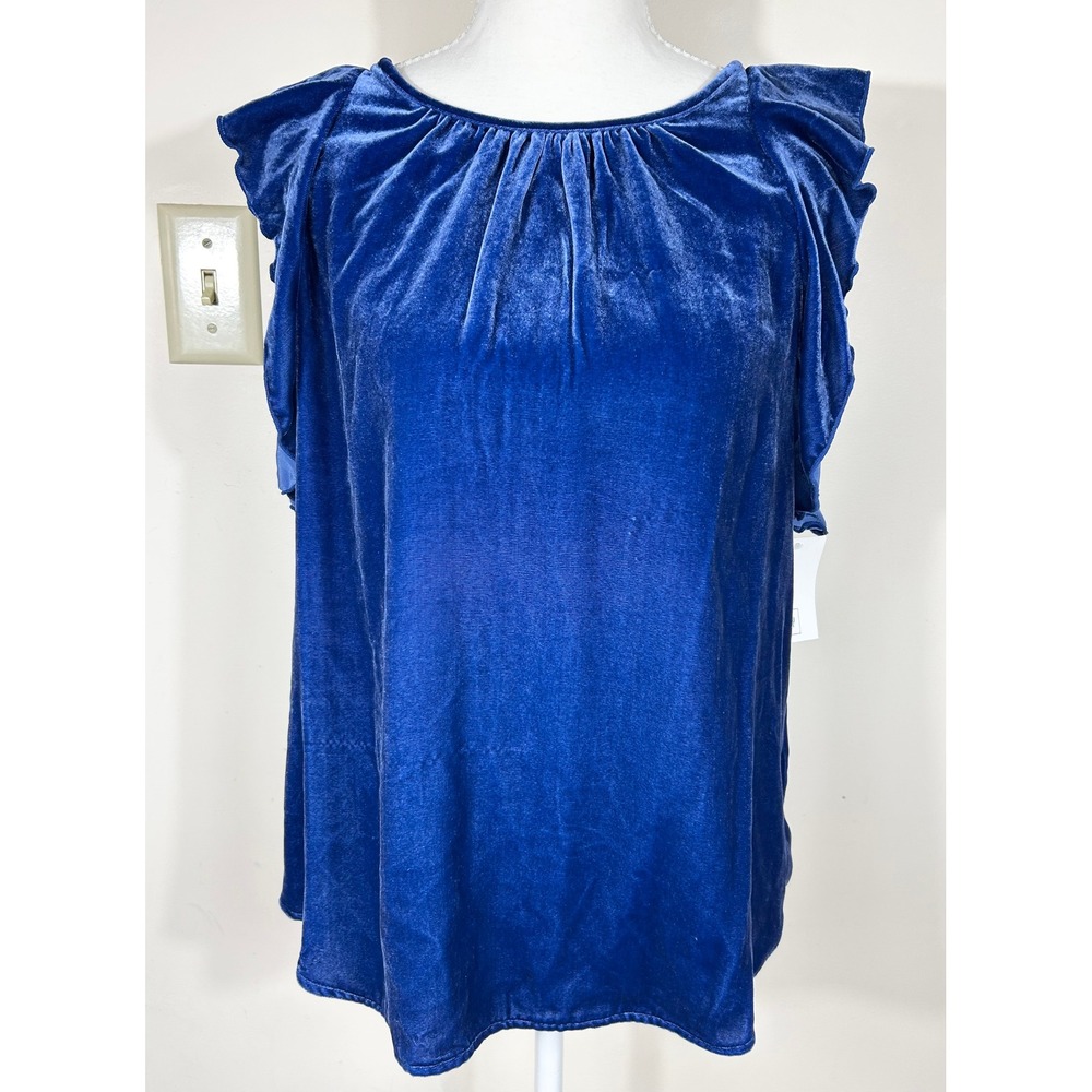 Gap Velvet Top‎ Women M Cobalt Blue Silk Blend Ruffle Sleeve Keyhole Fairy Luxe